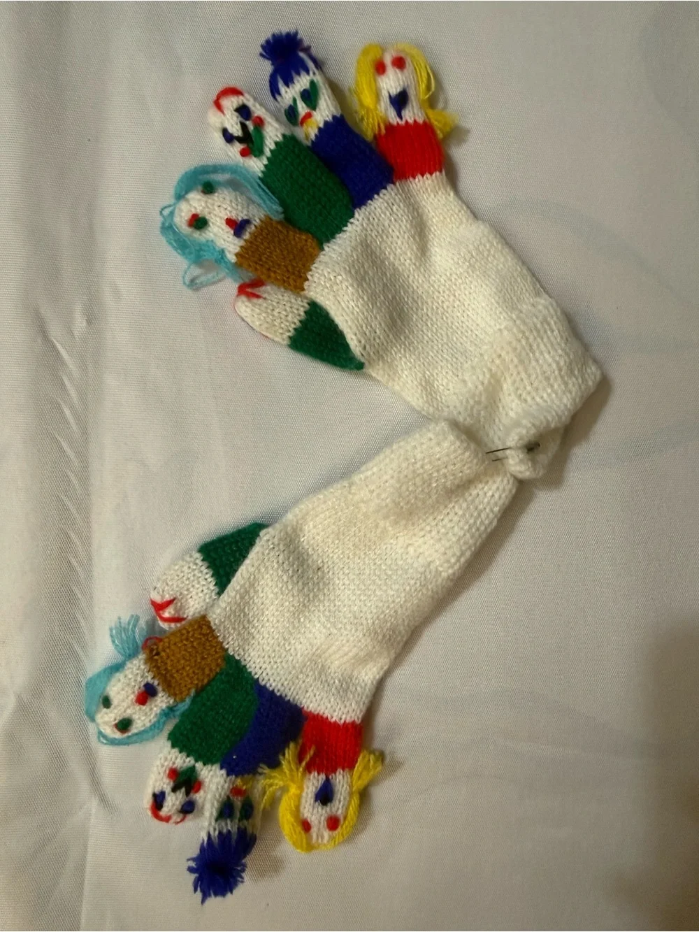 Handmade White Knit Finger Puppet Glove with Colorful Faces